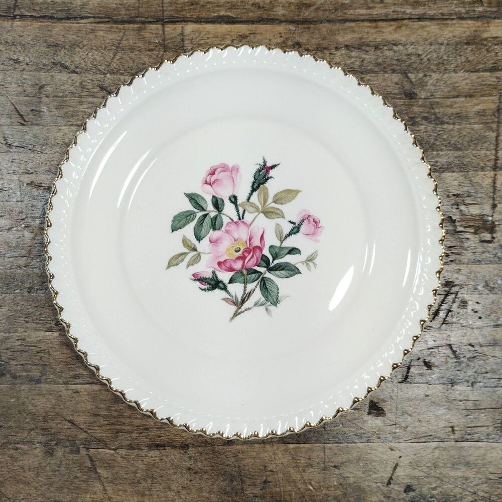 Vintage Harker Pottery Co 22KT Gold Rimmed Floral Pink Wild Rose 6.25" Plate